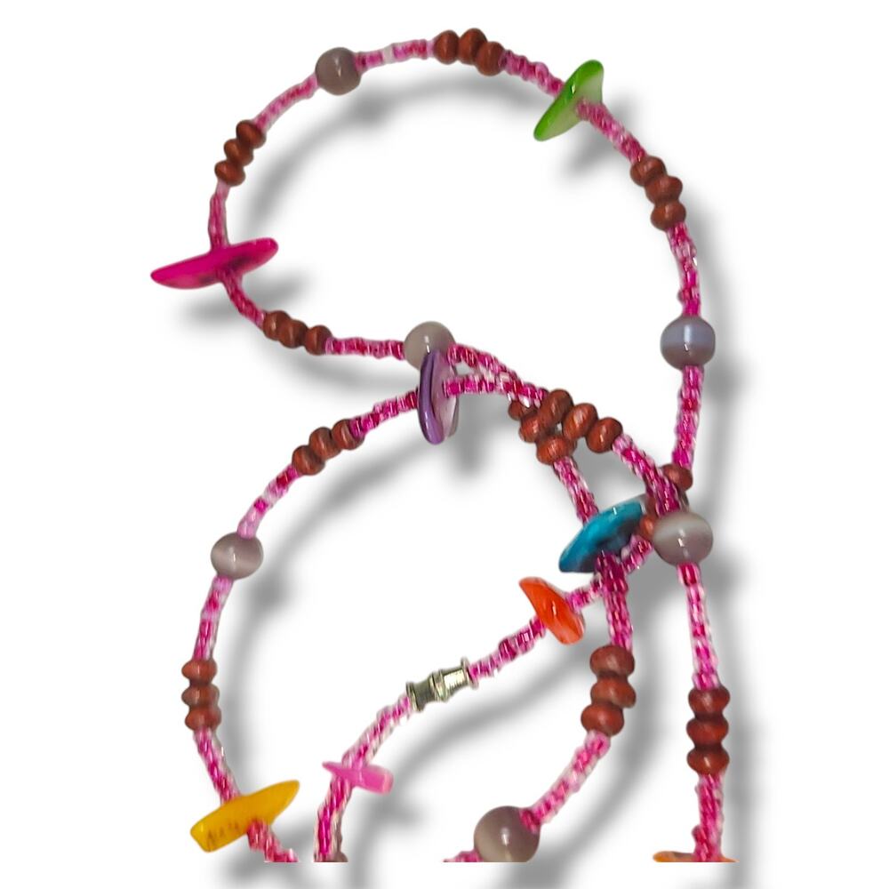 Boho Beachy Pink Glass Shell & Wood Bead‎ Station Necklace 18"